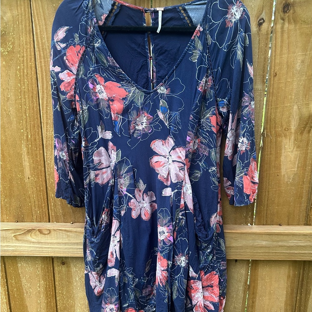 Free People Navy Dress with Pink Floral Design with pockets size 6